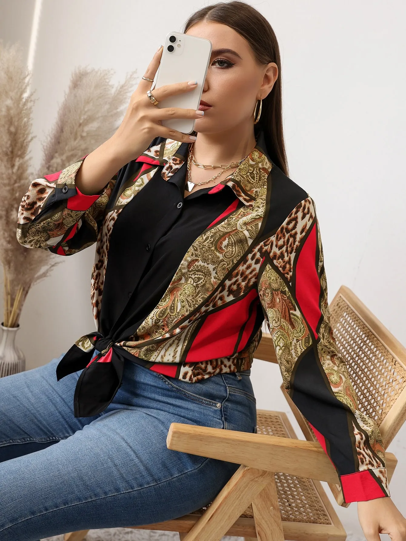 Paisley Button Front Long Sleeve Collar Long Plus Size Blouse