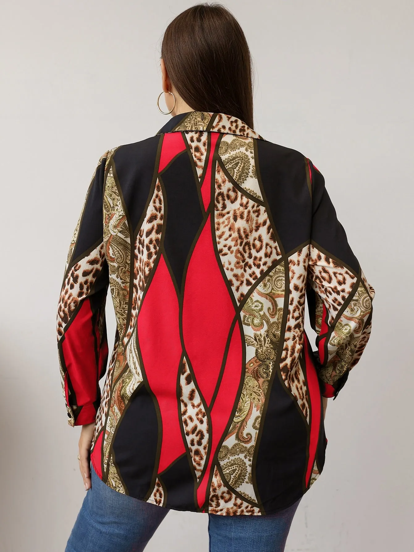Paisley Button Front Long Sleeve Collar Long Plus Size Blouse