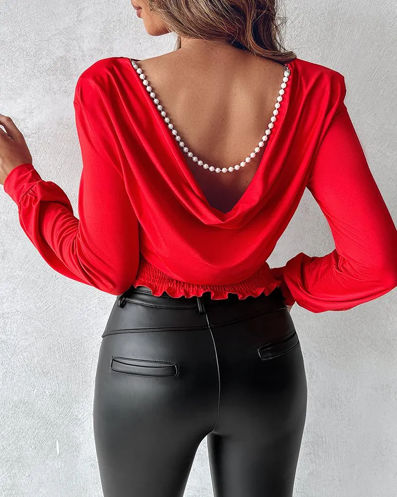 Pearls Strap Backless Shirred Top