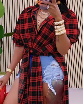 Plaid Print High Slit Tied Detail Longline Top