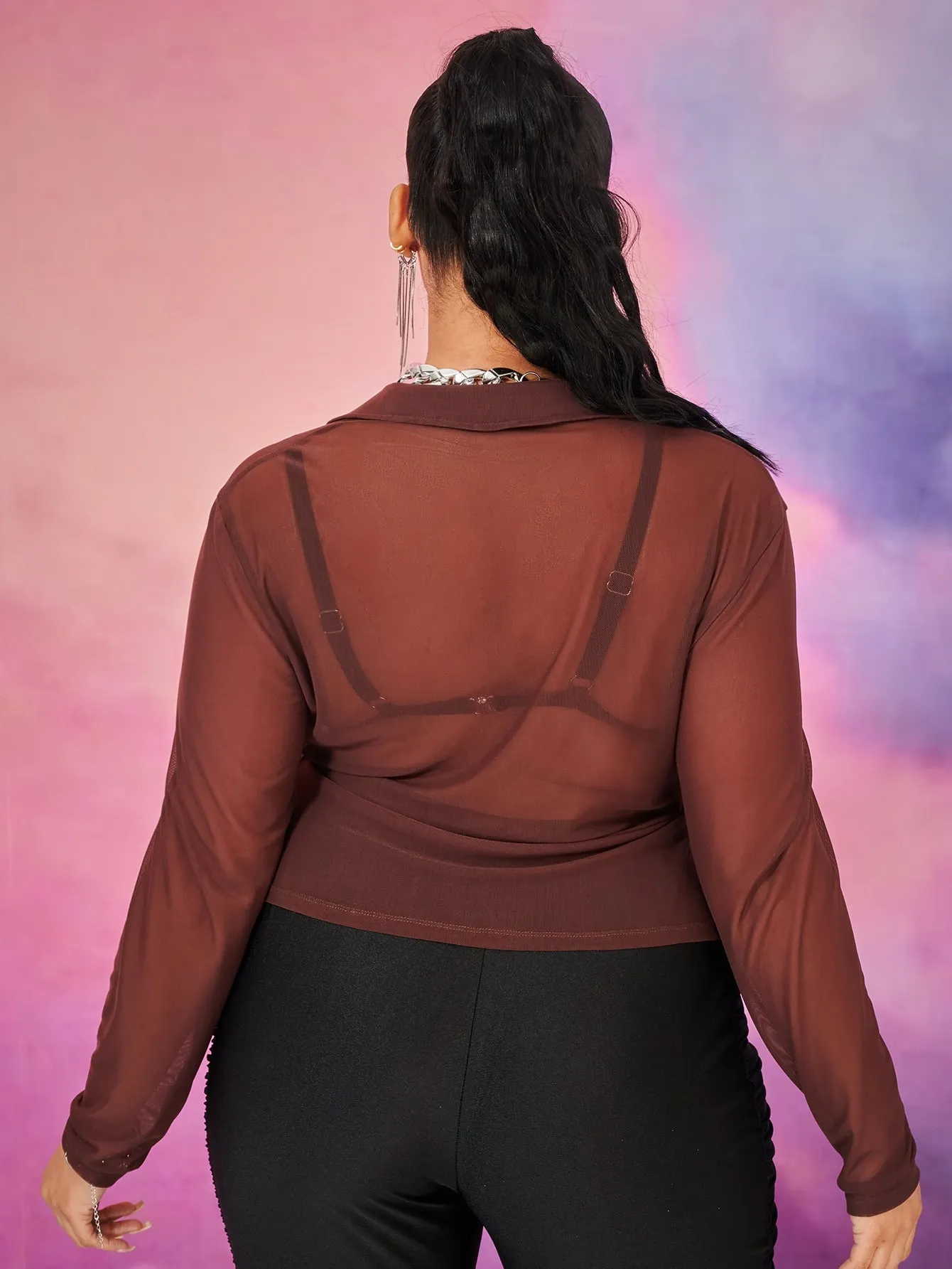 Plain Button Front Long Sleeve Collar Regular Plus Blouse