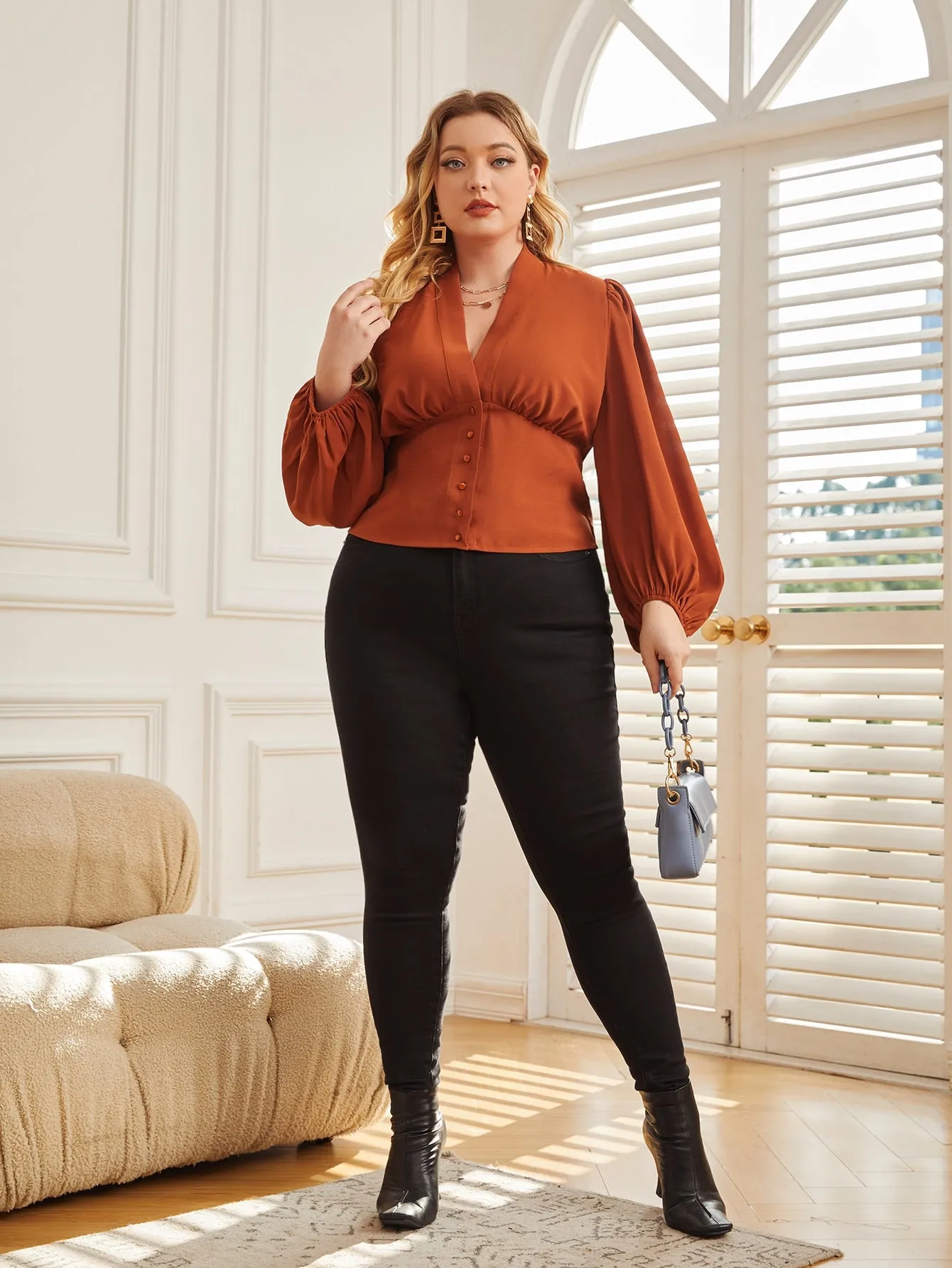 Plain Button Long Sleeve Round Neck Regular Plus Size Blouse
