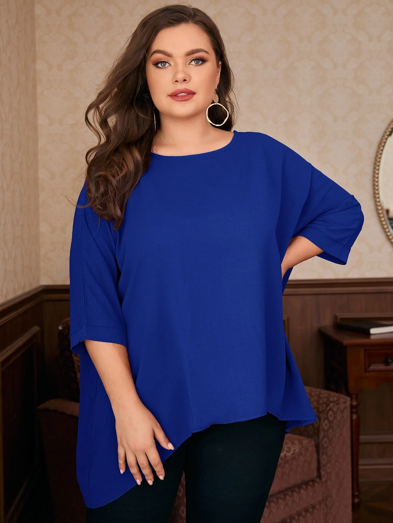 Plain High Low Three Quarter Length Sleeve Round Neck Asymmetrical Long Plus Size Blouse