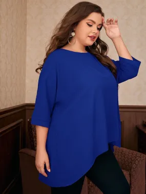 Plain High Low Three Quarter Length Sleeve Round Neck Asymmetrical Long Plus Size Blouse