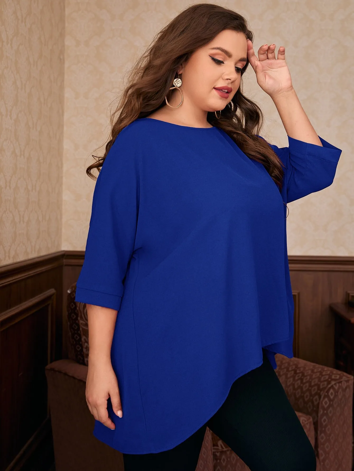 Plain High Low Three Quarter Length Sleeve Round Neck Asymmetrical Long Plus Size Blouse