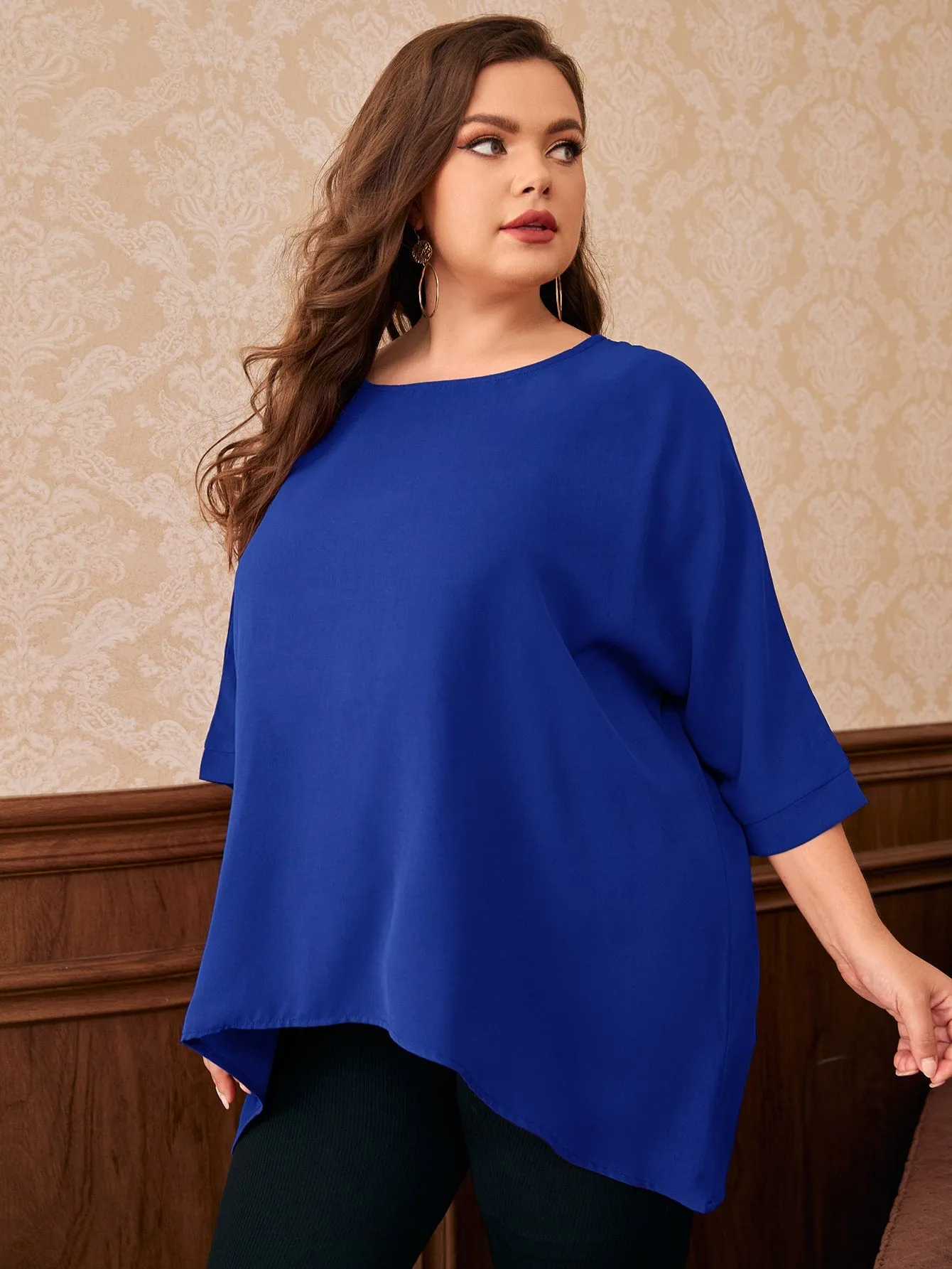 Plain High Low Three Quarter Length Sleeve Round Neck Asymmetrical Long Plus Size Blouse
