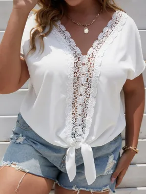 Plain Knot Short Sleeve V Neck Regular Plus Size Blouse