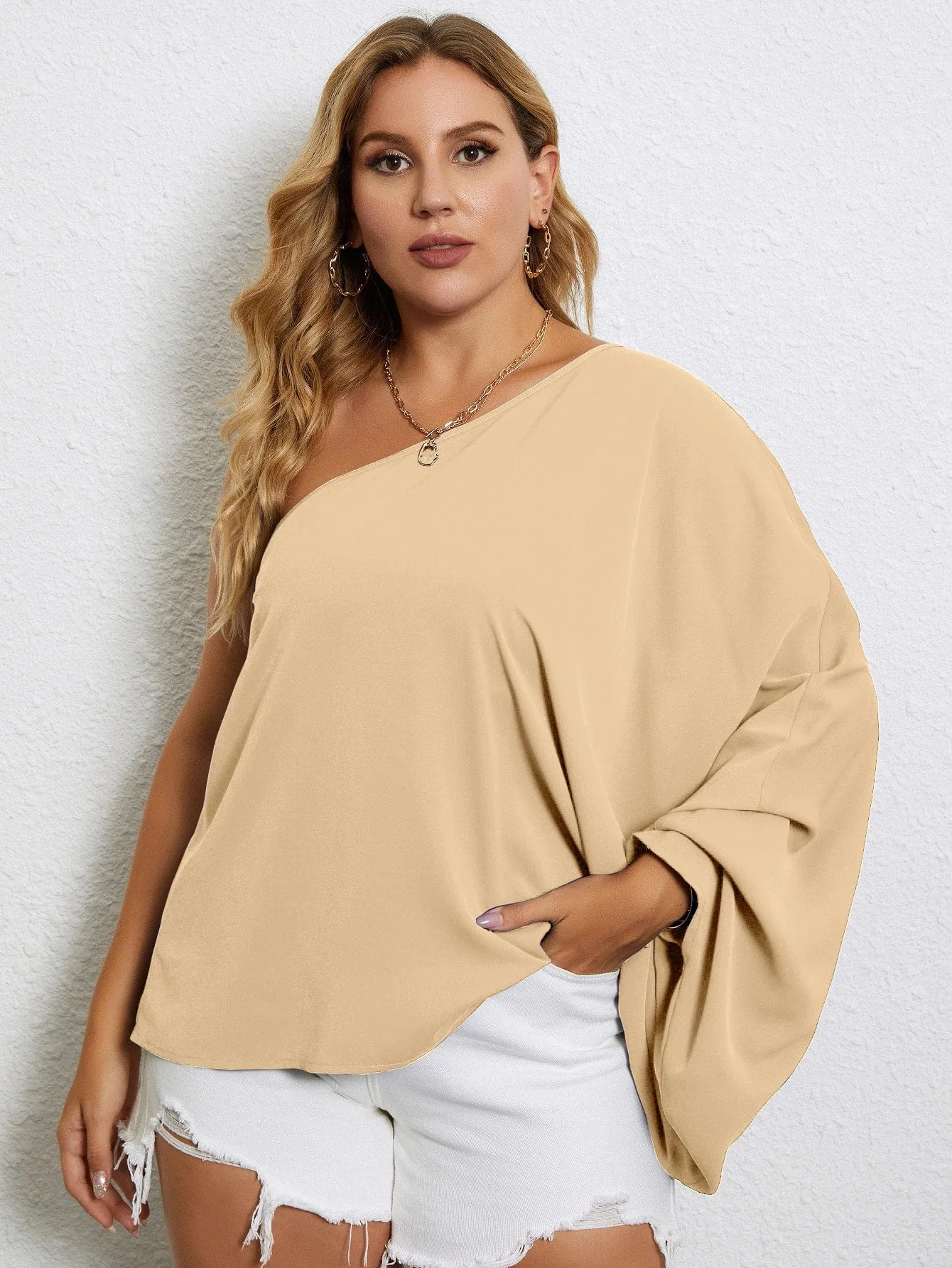 Plain Long Sleeve One Shoulder Regular Plus Size Blouse