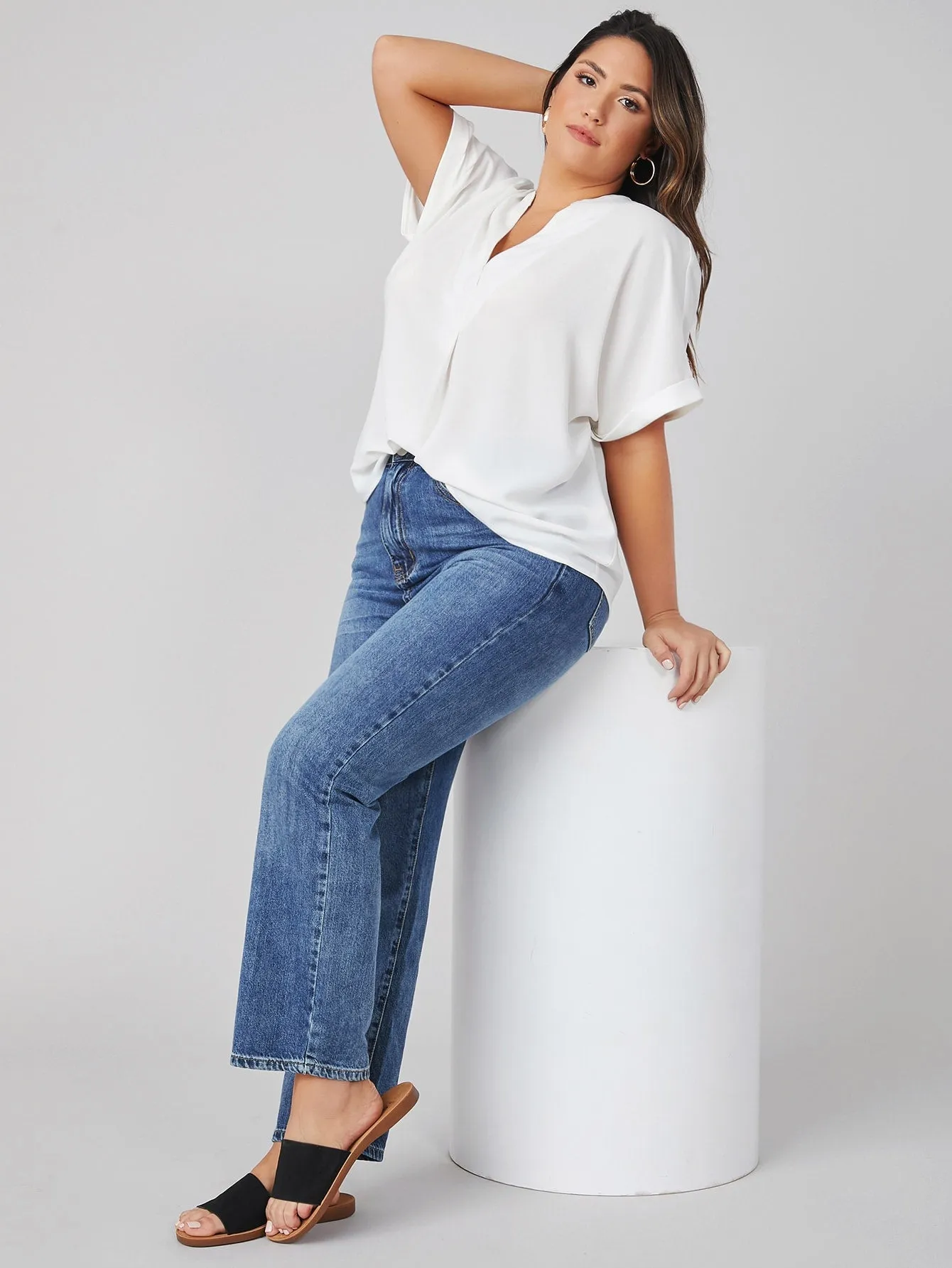 Plain Short Sleeve Notched Regular Plus Blouse