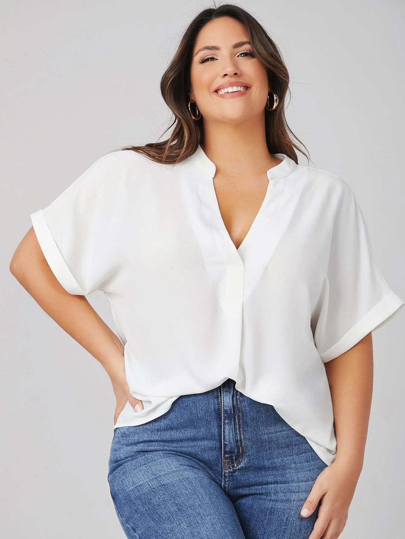Plain Short Sleeve Notched Regular Plus Blouse