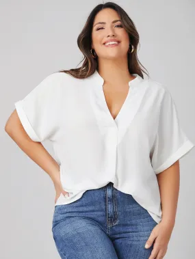 Plain Short Sleeve Notched Regular Plus Blouse