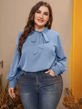 Plain Tie Front Long Sleeve Tie Neck Long Plus Size Blouse