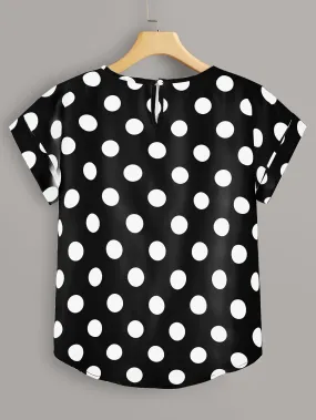 Polka Dot Short Sleeve Round Neck Regular Plus Size Blouse