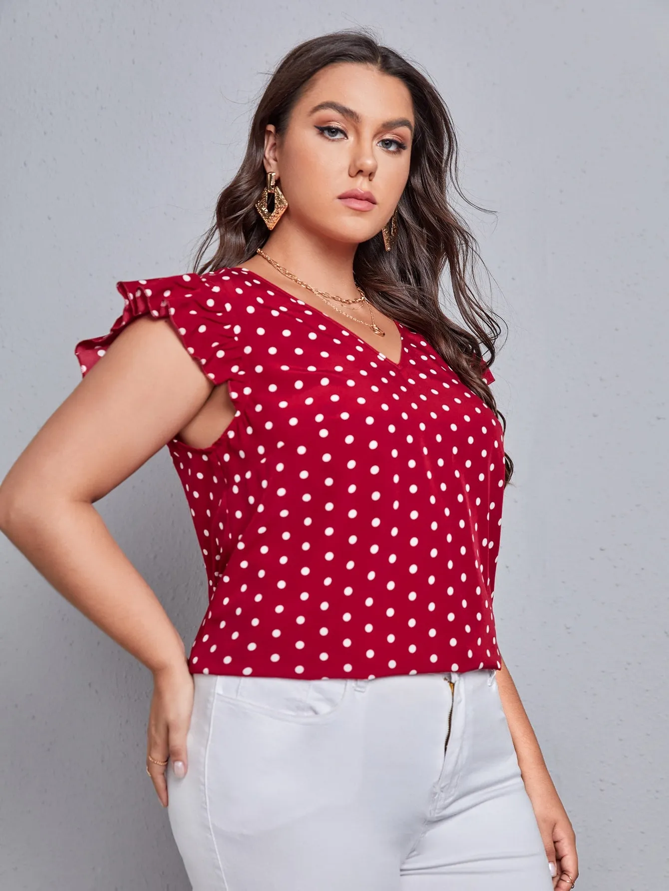 Polka Dot Tie Back Cap Sleeve V Neck Regular Plus Size Blouse