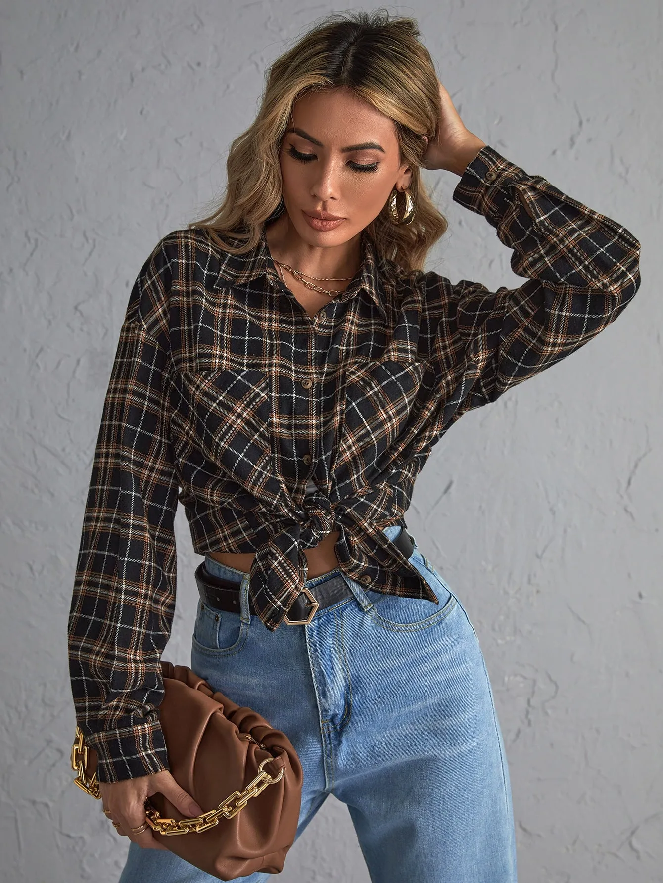 Preppy Plaid Button Front Long Sleeve Collar Regular Blouse