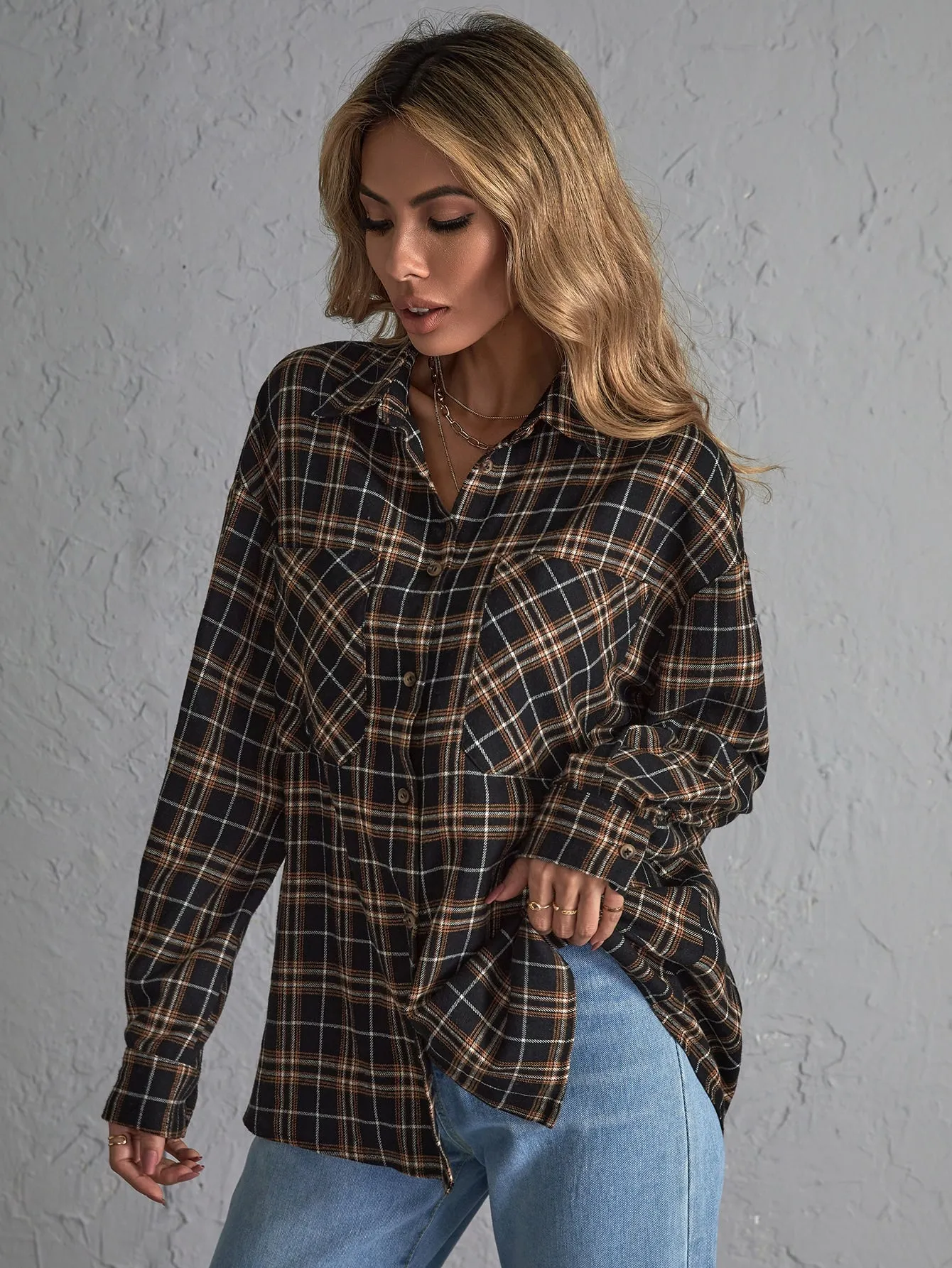 Preppy Plaid Button Front Long Sleeve Collar Regular Blouse