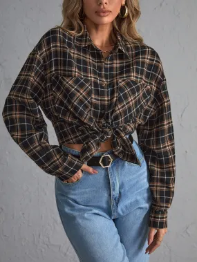 Preppy Plaid Button Front Long Sleeve Collar Regular Blouse