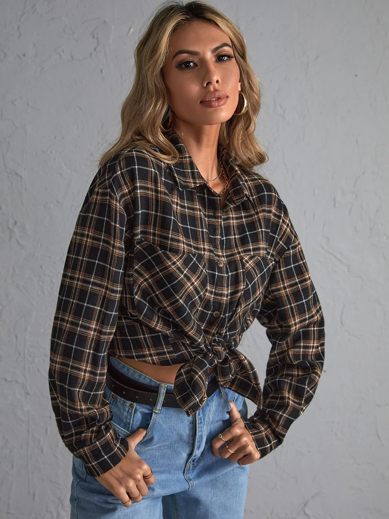 Preppy Plaid Button Front Long Sleeve Collar Regular Blouse