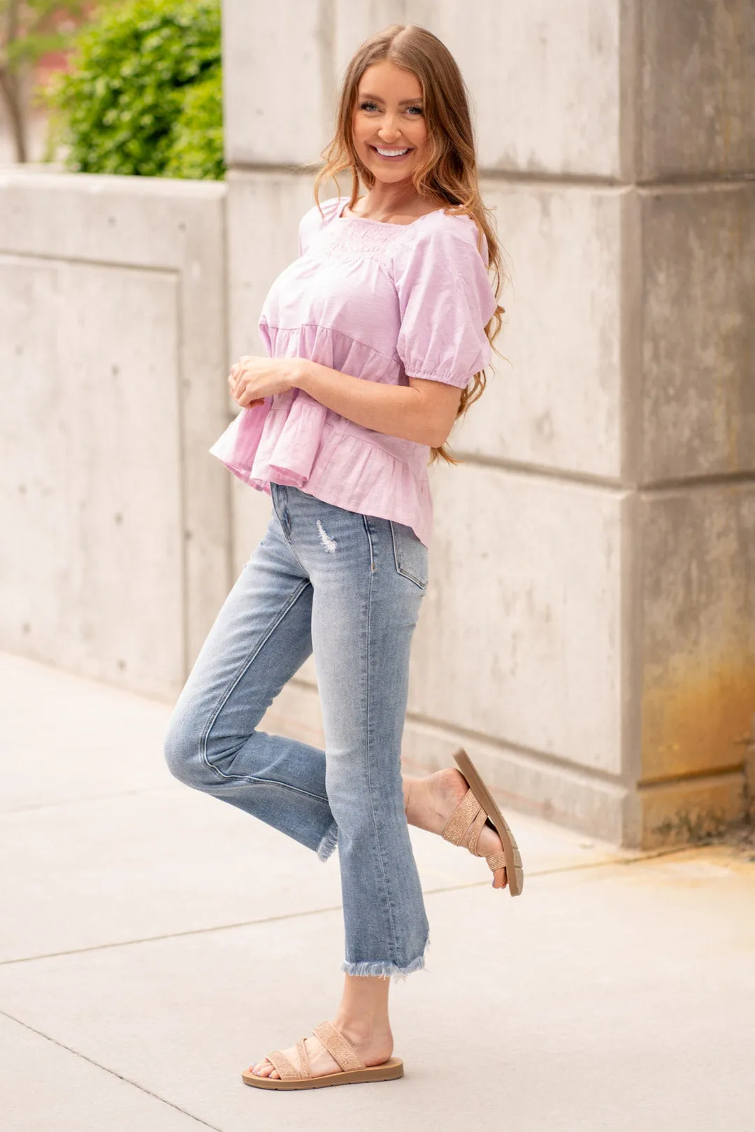Puff Sleeve Smocked Ruffle Hem Top