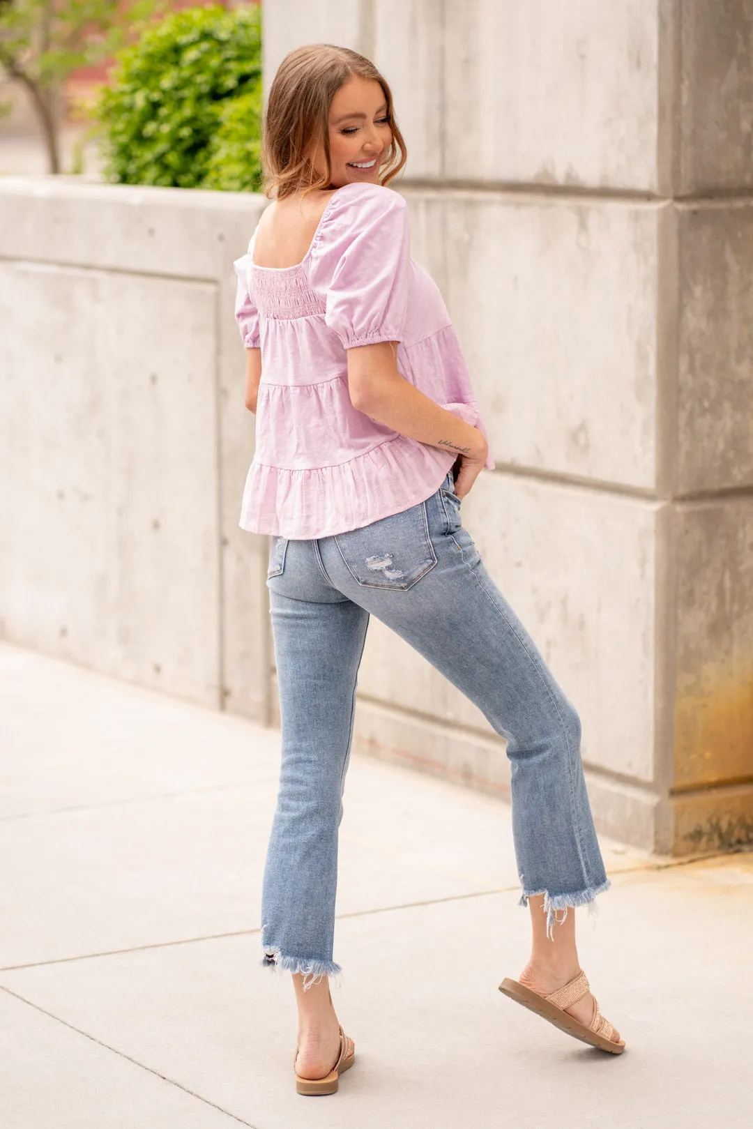 Puff Sleeve Smocked Ruffle Hem Top