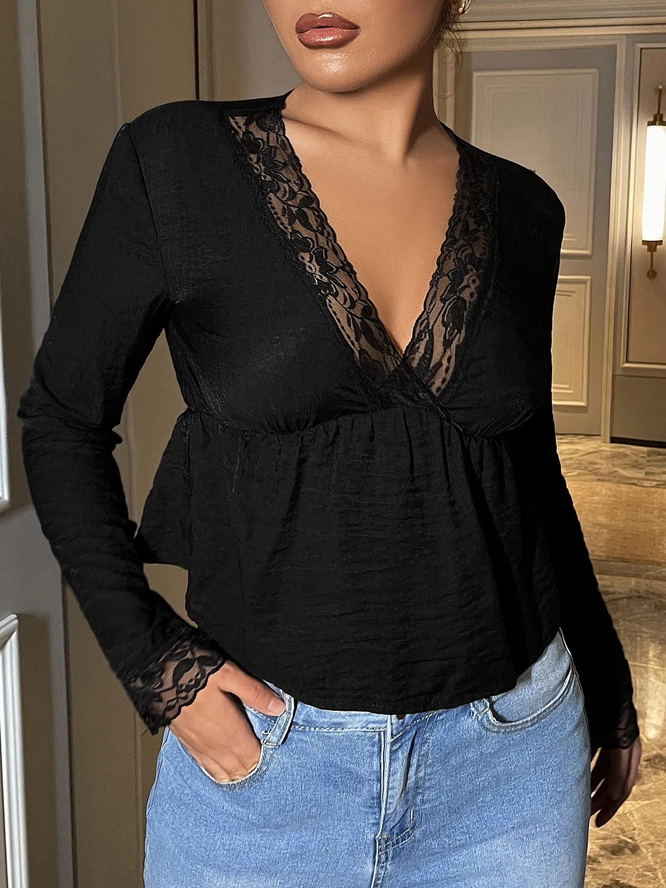 Sexy Plain Contrast Lace Long Sleeve Deep V Neck Crop Blouse