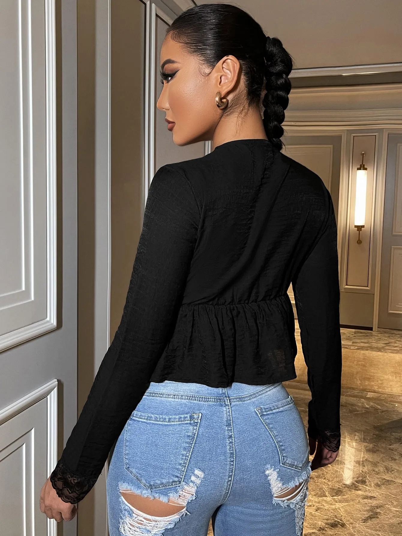 Sexy Plain Contrast Lace Long Sleeve Deep V Neck Crop Blouse