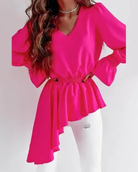 Shirred Asymmetrical Hem V Neck Top