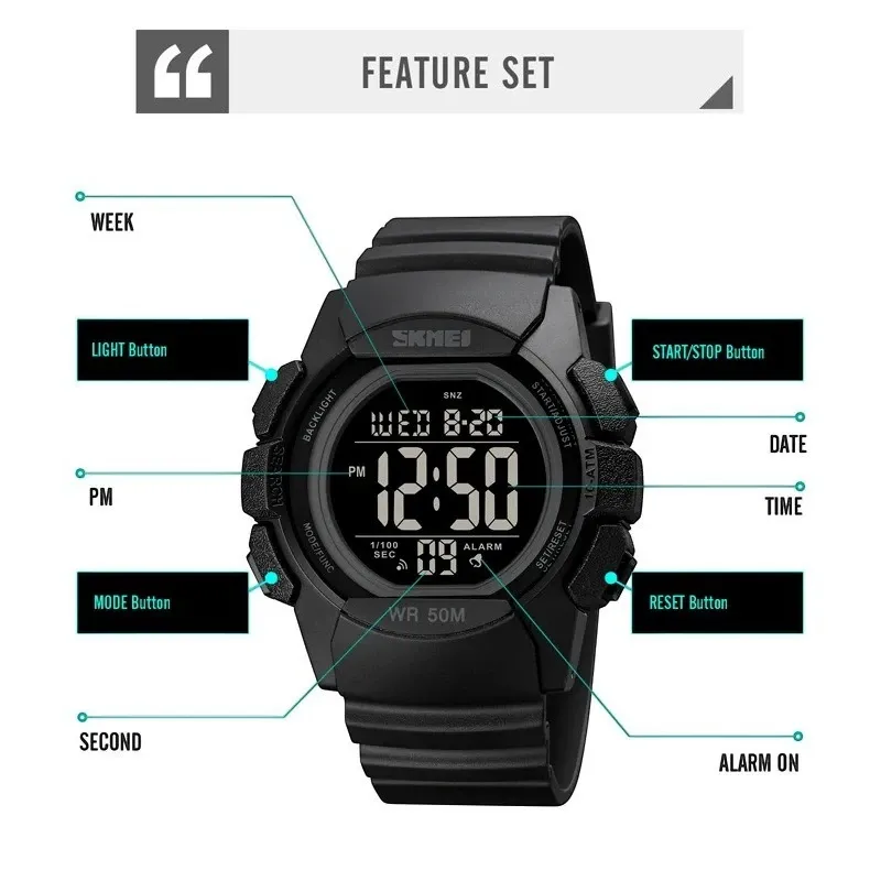 SKMEI 1771 Dual Time Sport Watch Water Resistant & Chronograph, Black White Dial