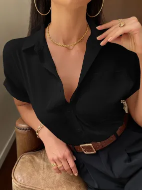 Solid Button Up Pocket Patched Blouse