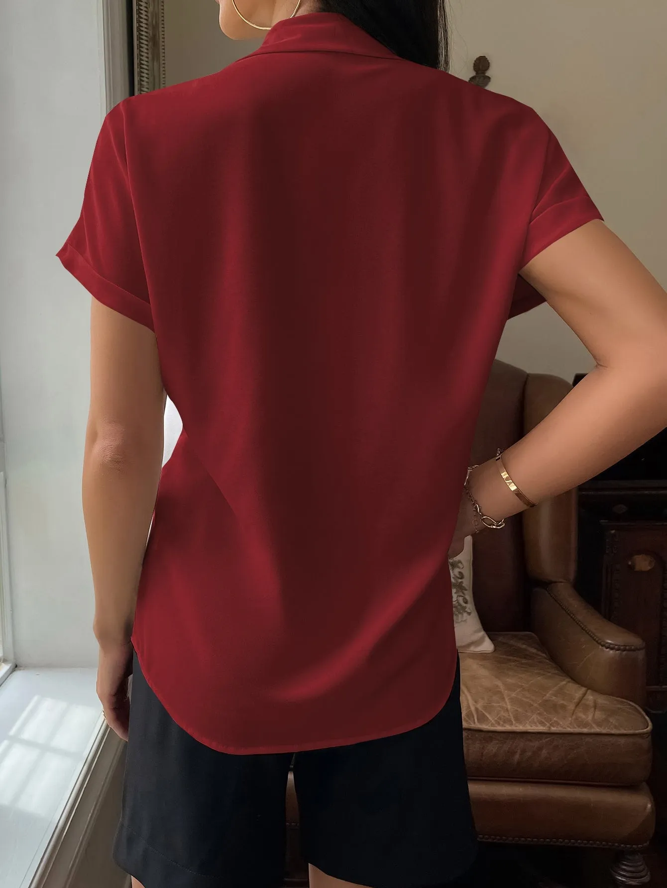 Solid Button Up Pocket Patched Blouse