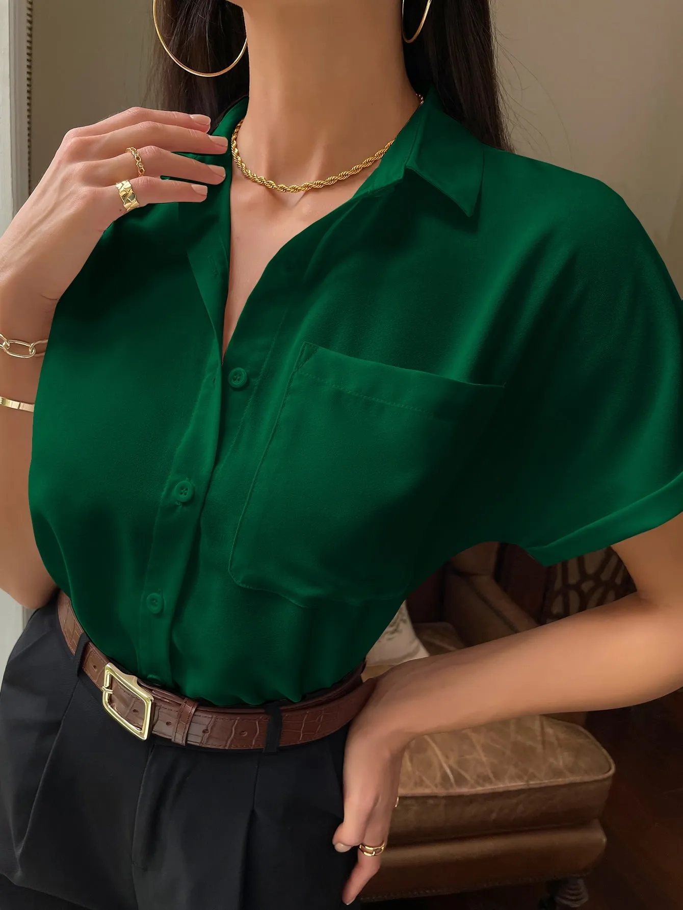 Solid Button Up Pocket Patched Blouse