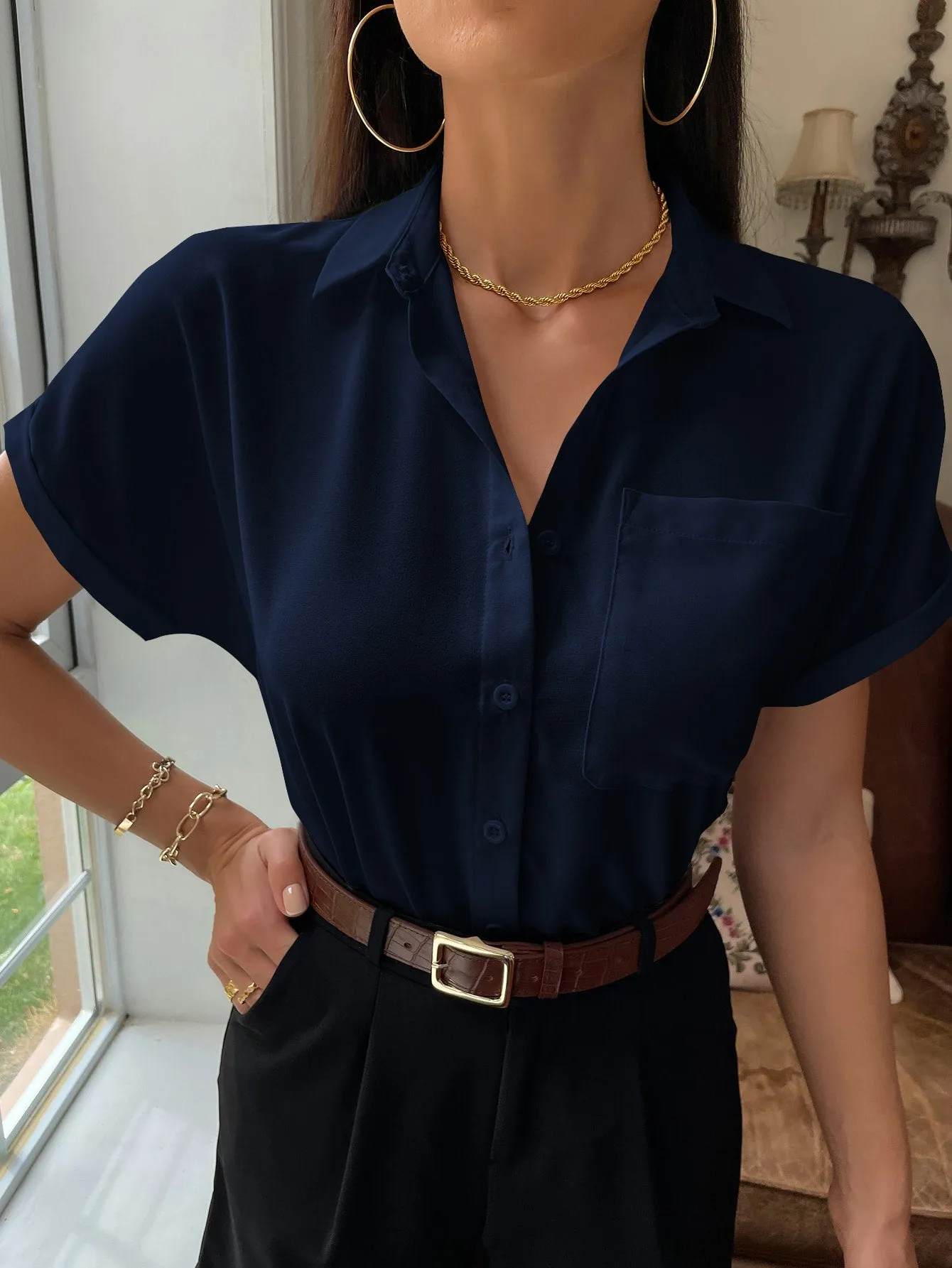Solid Button Up Pocket Patched Blouse