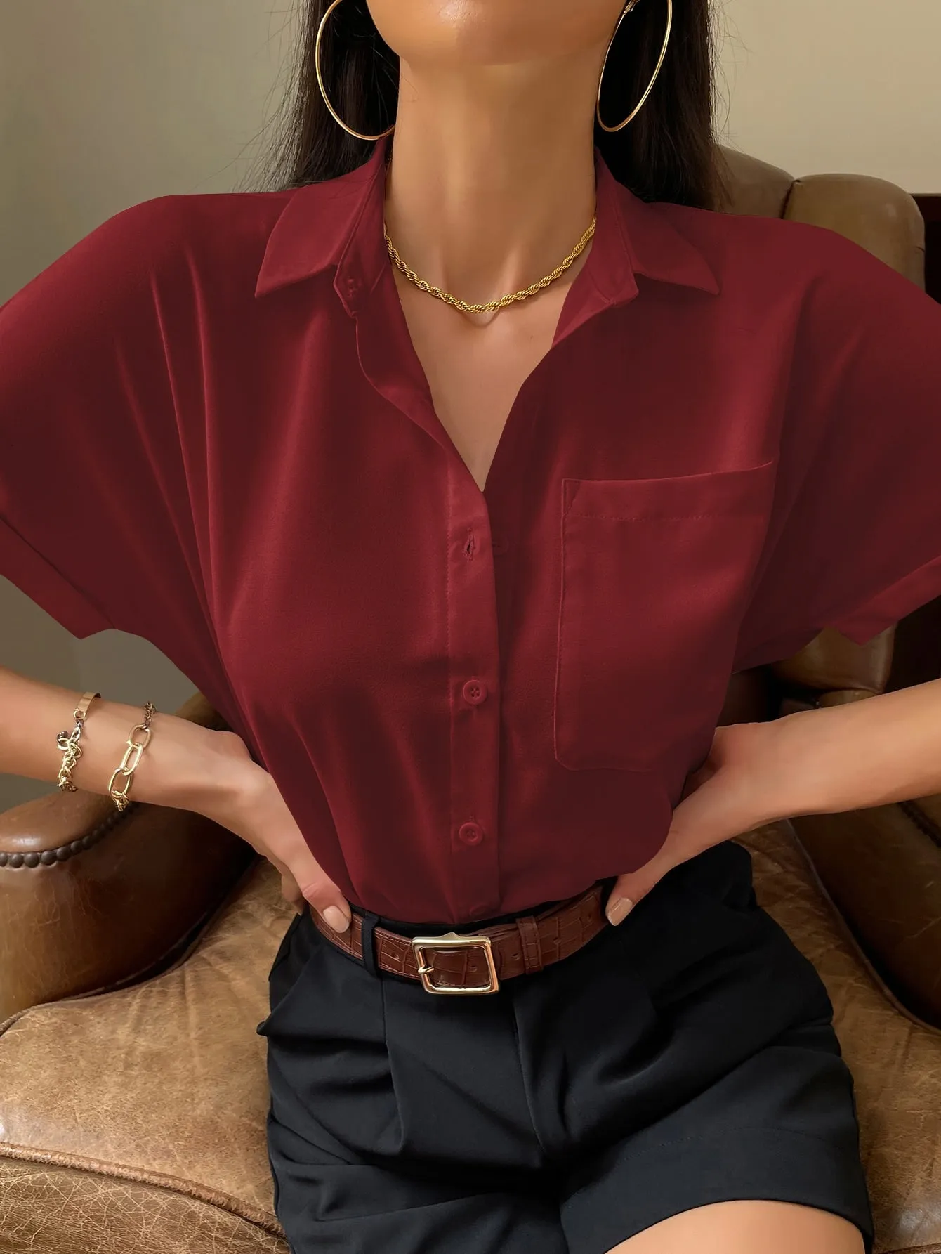 Solid Button Up Pocket Patched Blouse