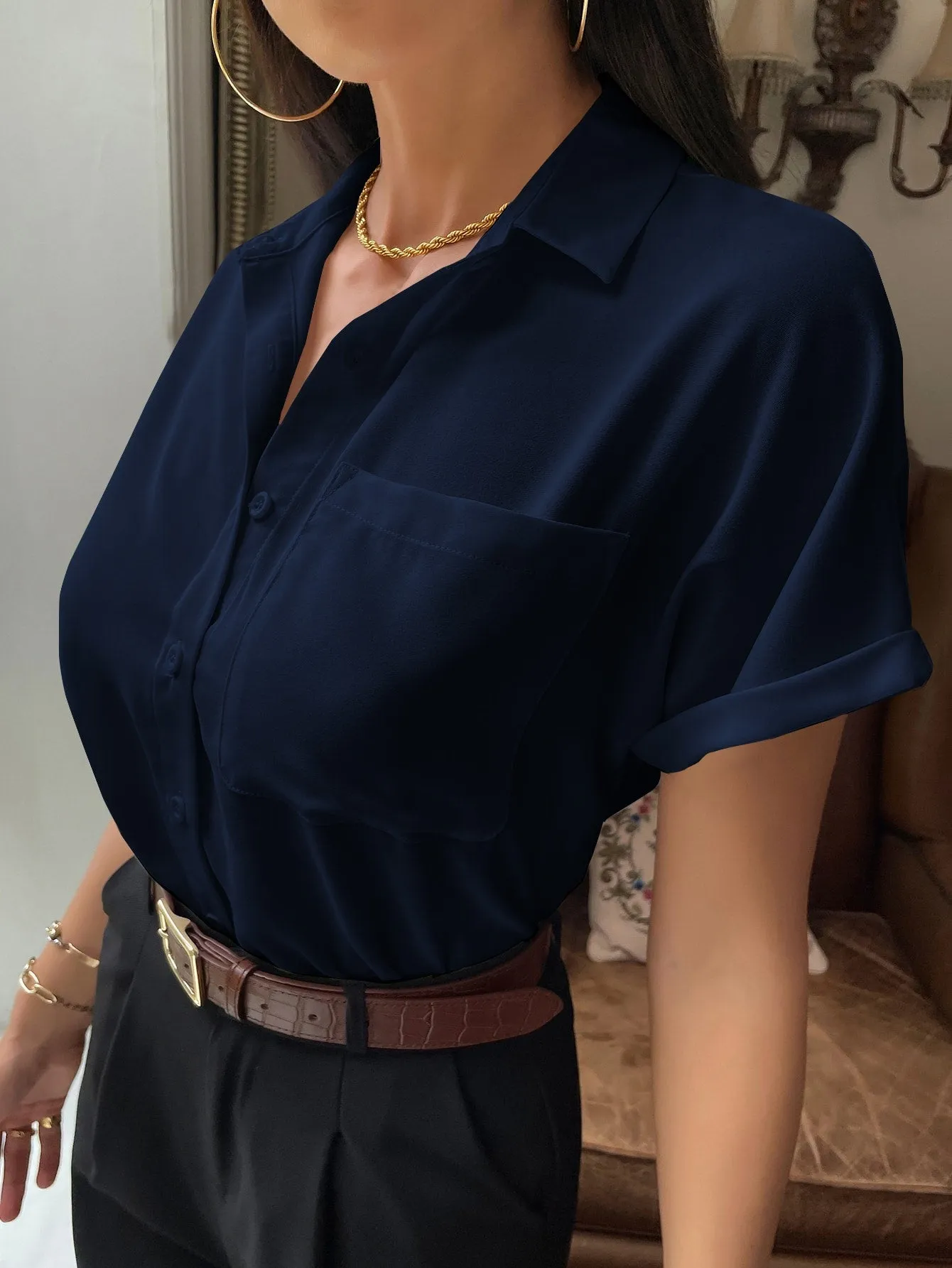 Solid Button Up Pocket Patched Blouse