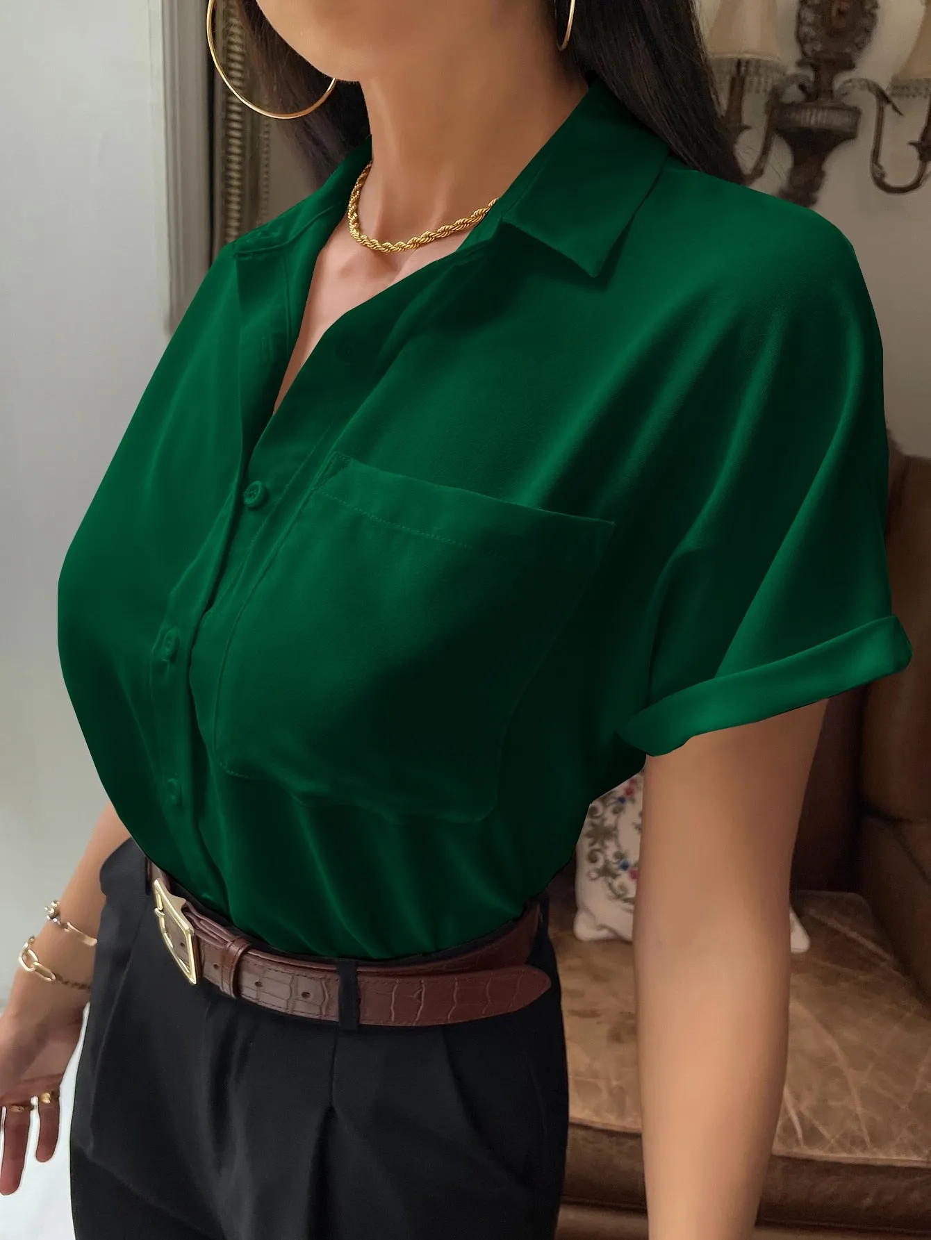 Solid Button Up Pocket Patched Blouse