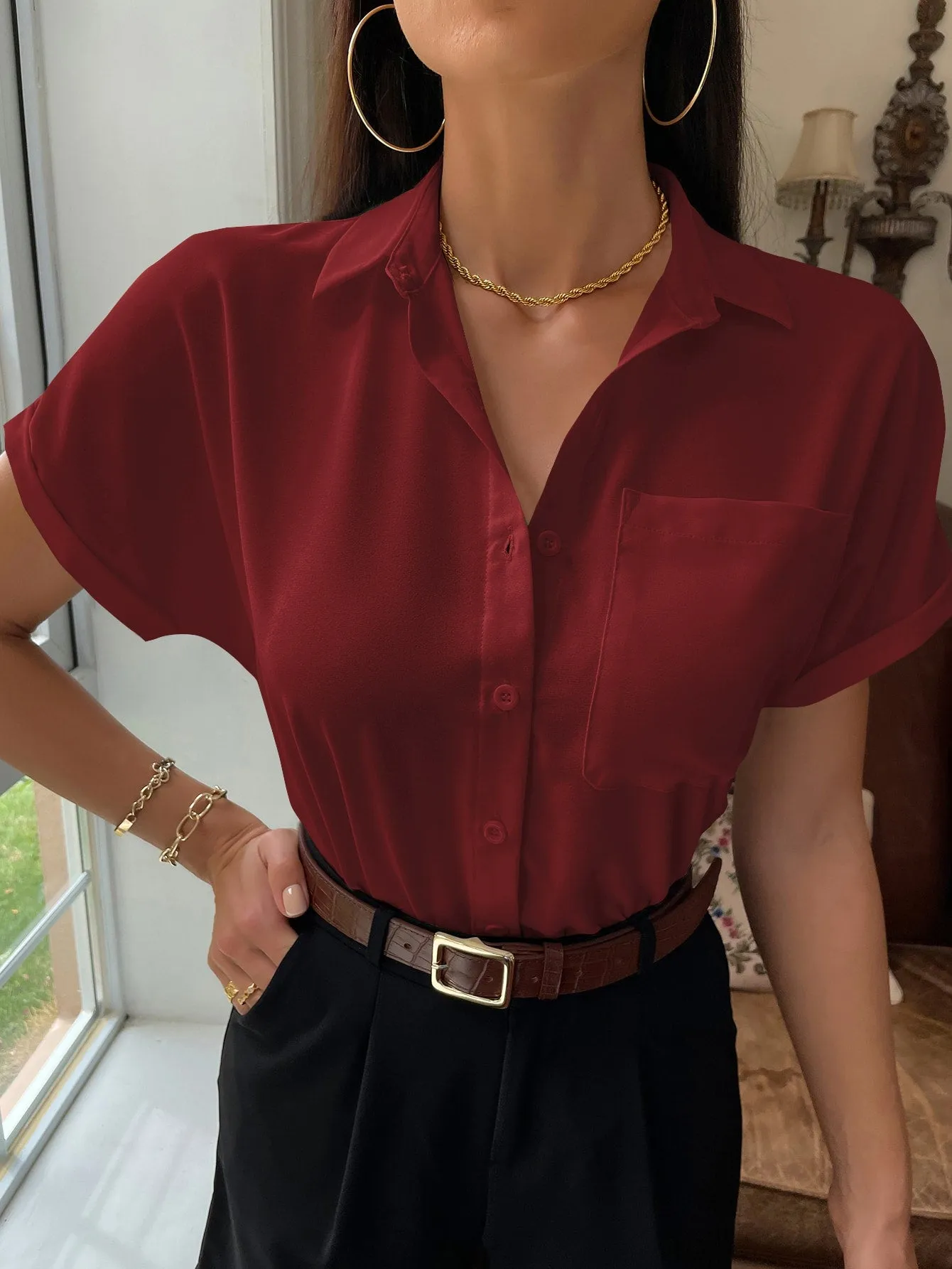Solid Button Up Pocket Patched Blouse
