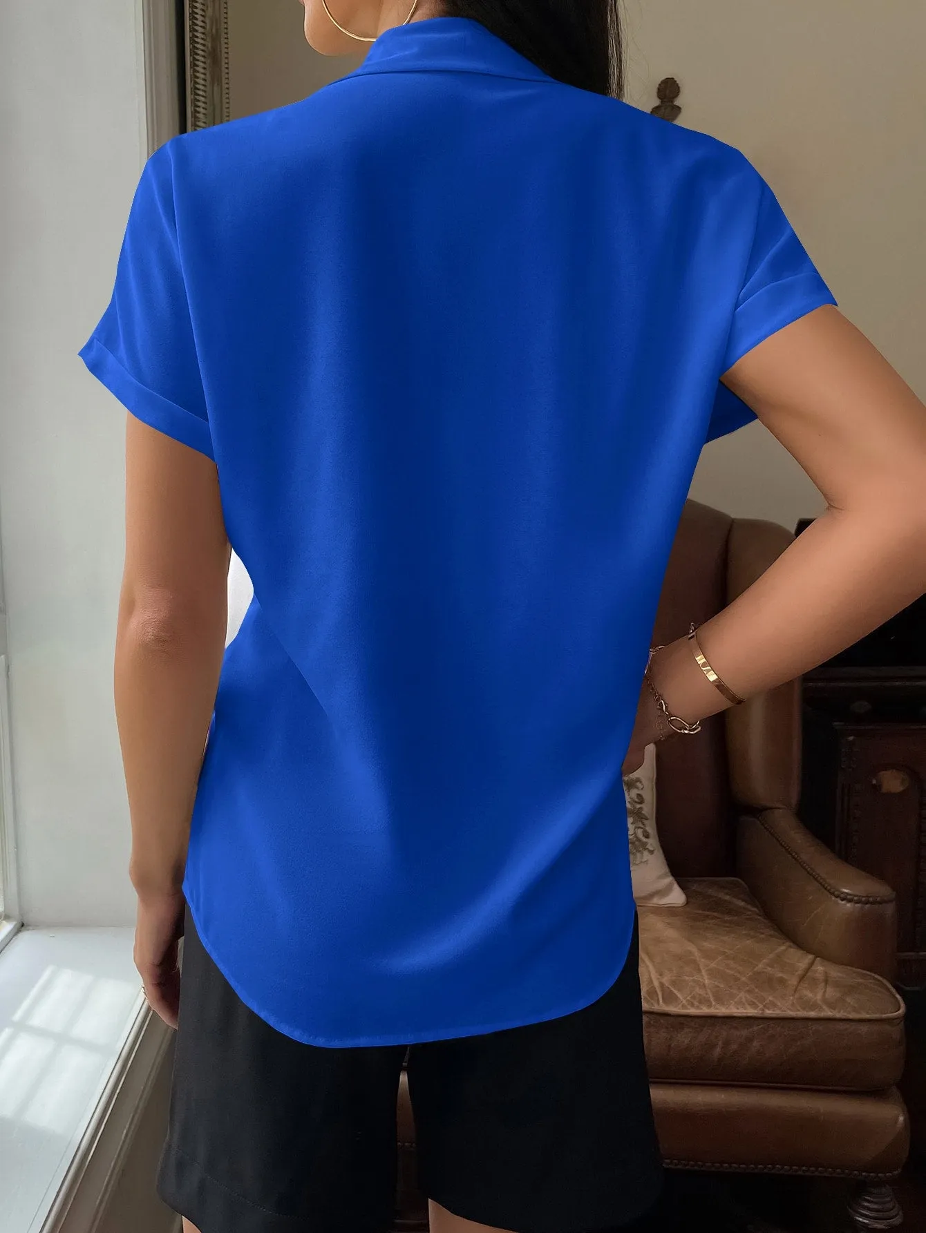 Solid Button Up Pocket Patched Blouse