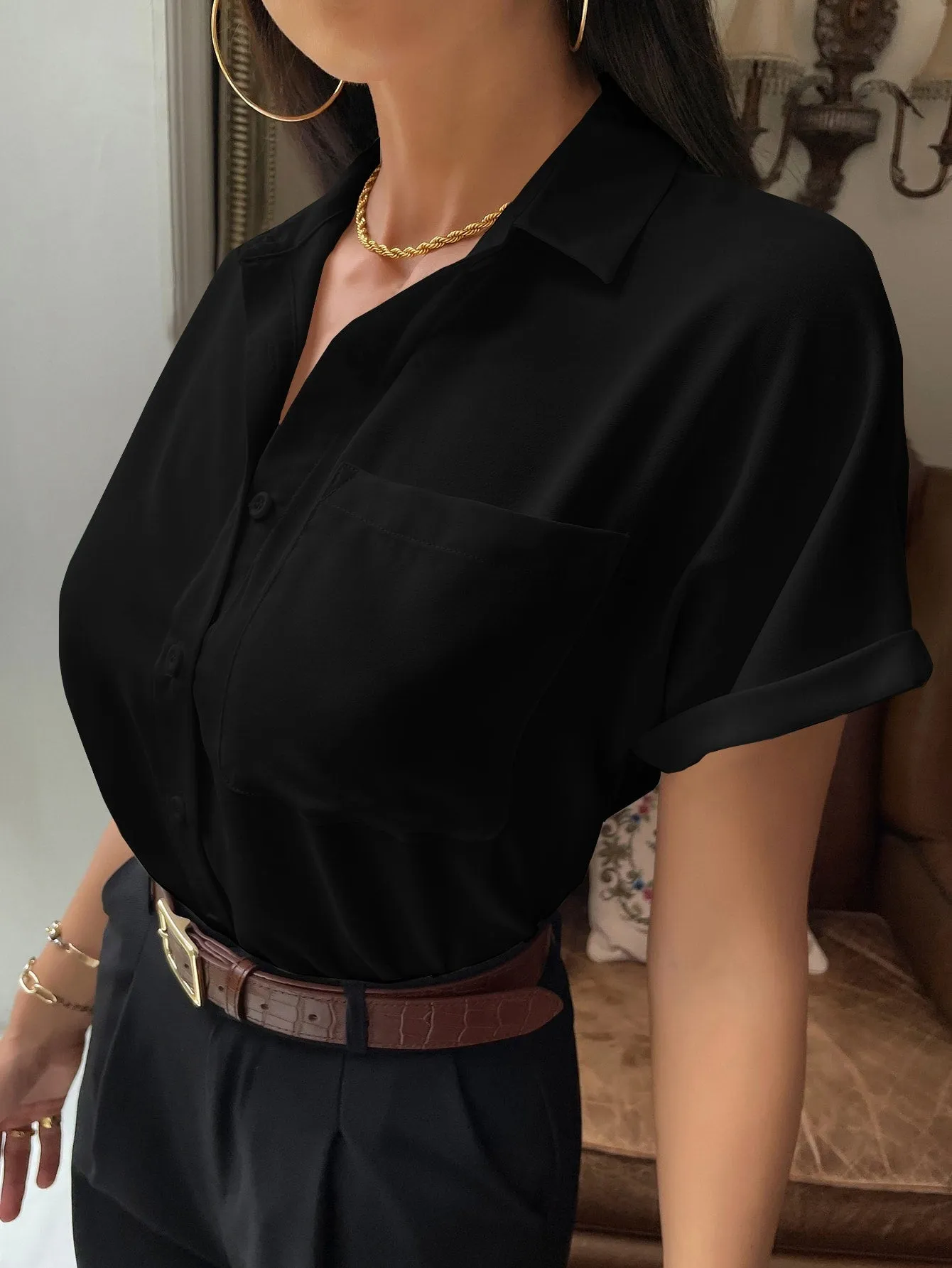 Solid Button Up Pocket Patched Blouse