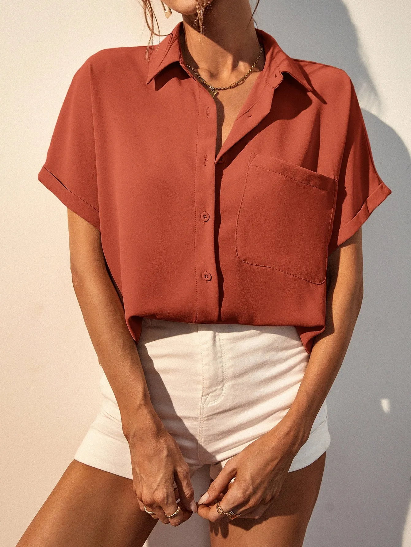 Solid Button Up Pocket Patched Blouse