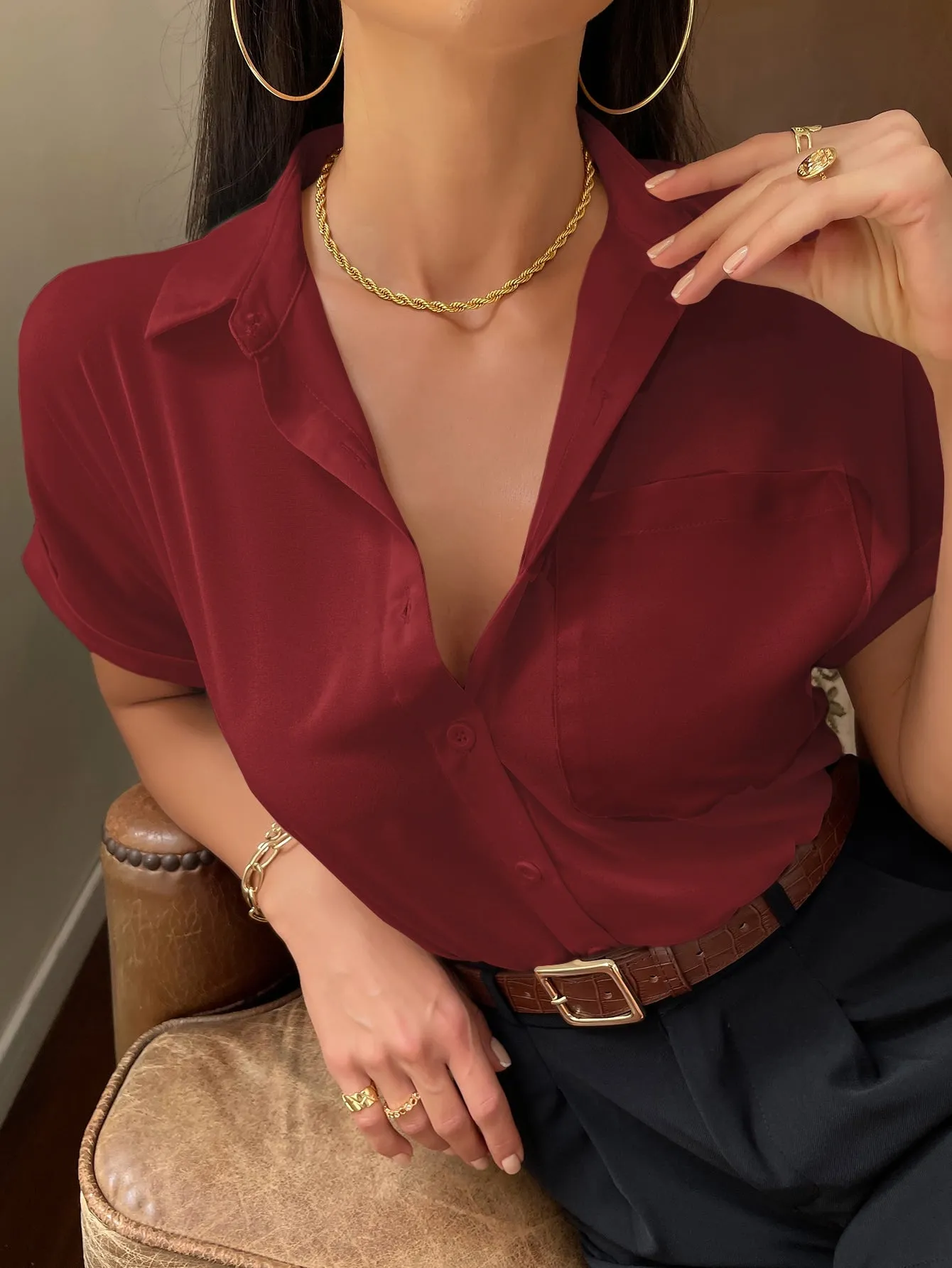 Solid Button Up Pocket Patched Blouse