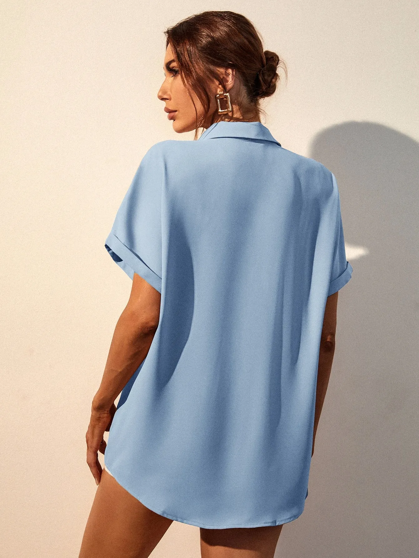 Solid Button Up Pocket Patched Blouse