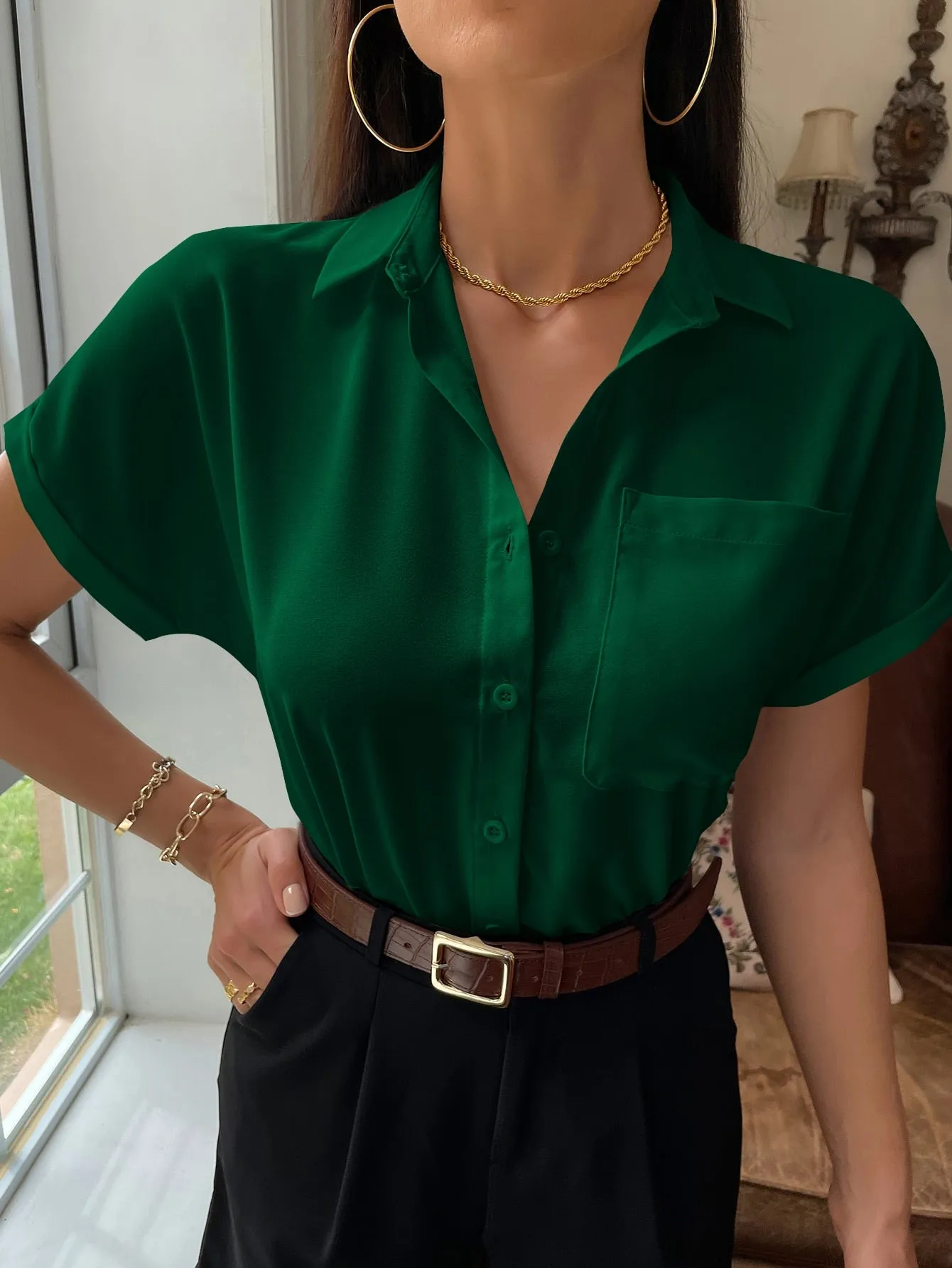 Solid Button Up Pocket Patched Blouse