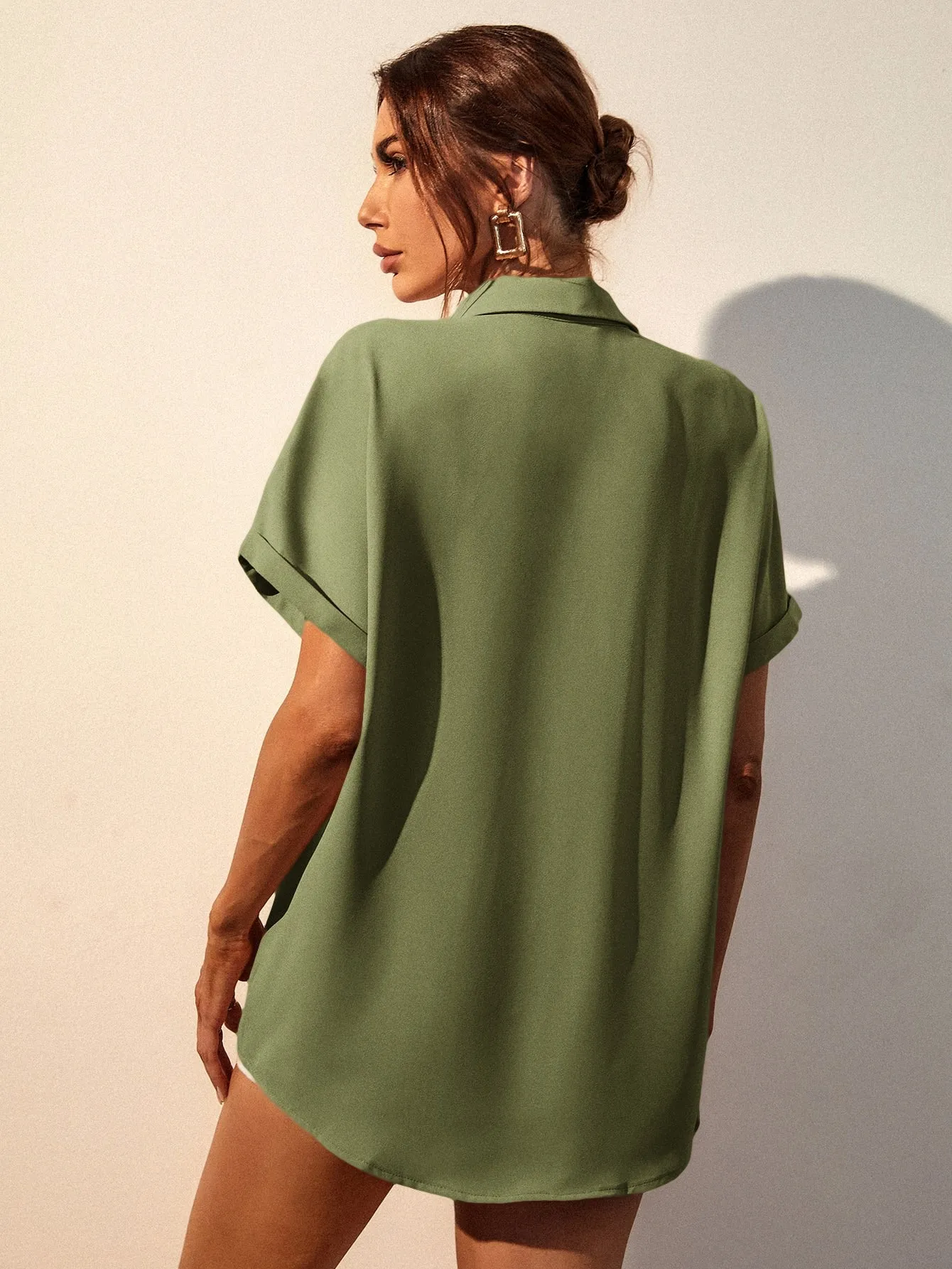 Solid Button Up Pocket Patched Blouse