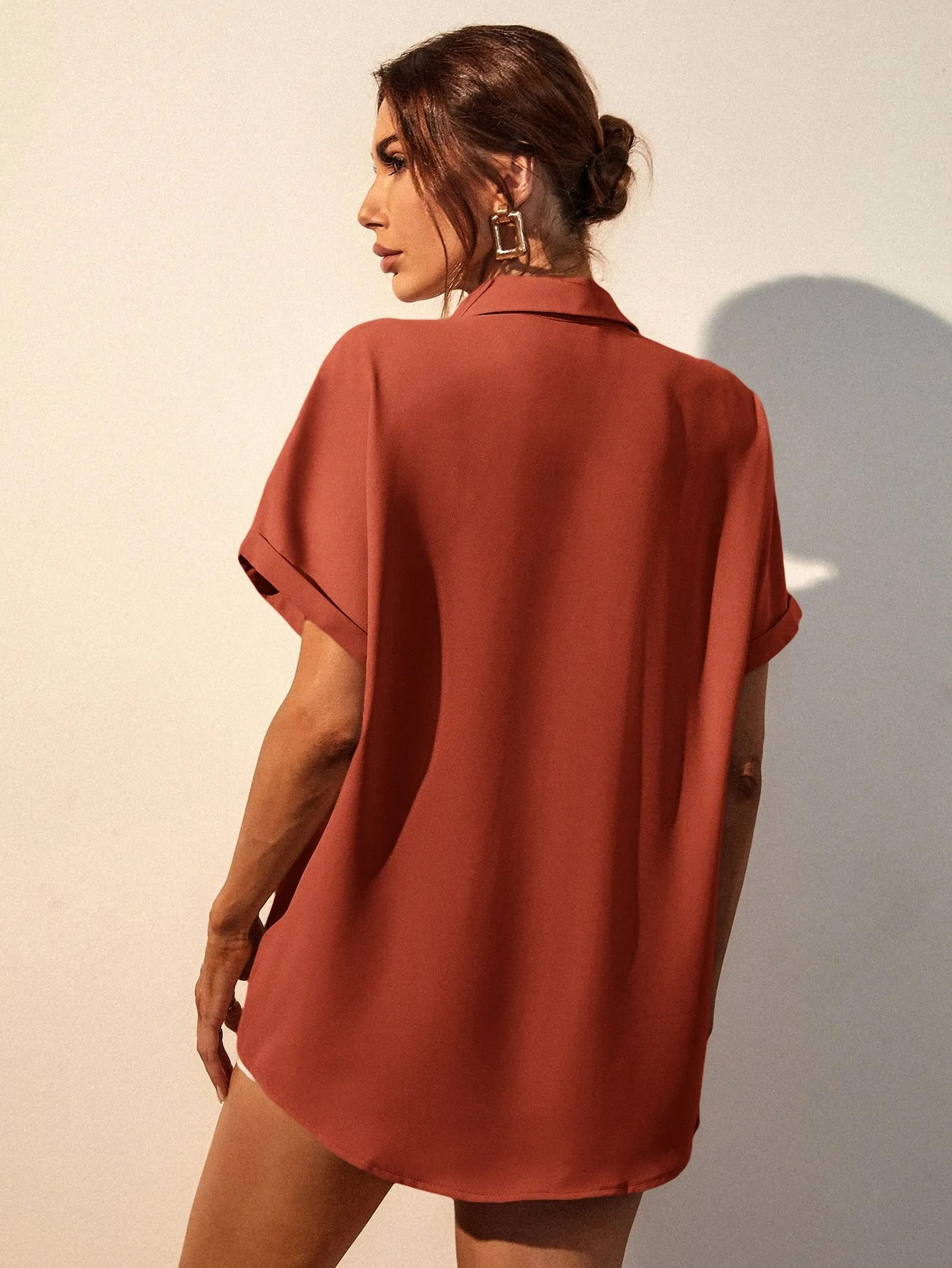 Solid Button Up Pocket Patched Blouse