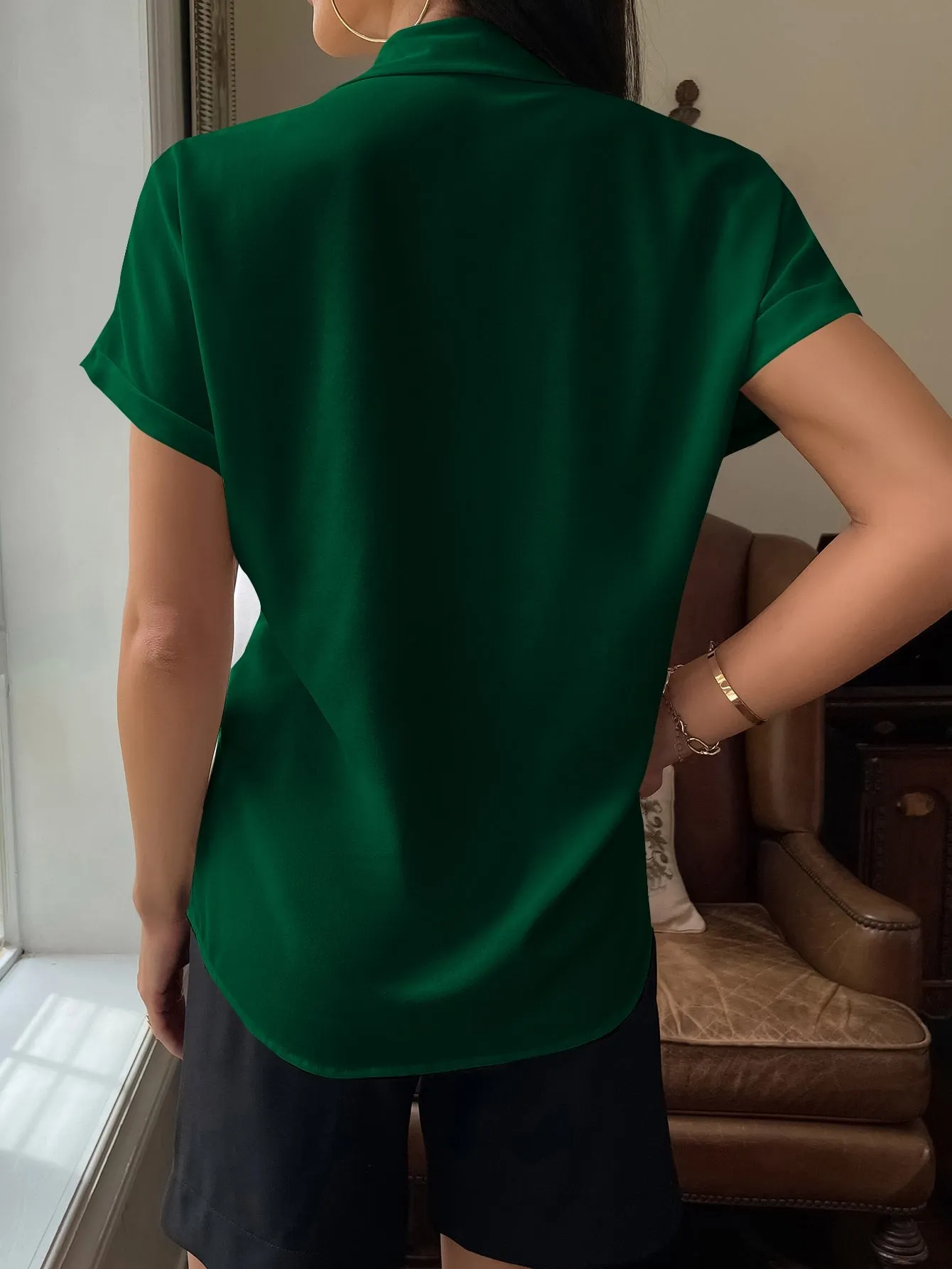 Solid Button Up Pocket Patched Blouse