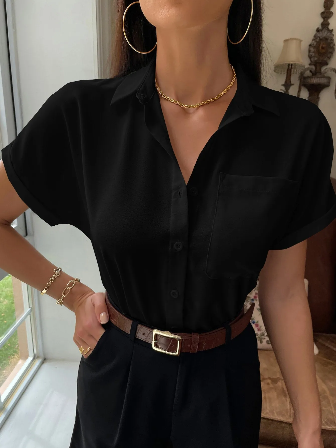 Solid Button Up Pocket Patched Blouse