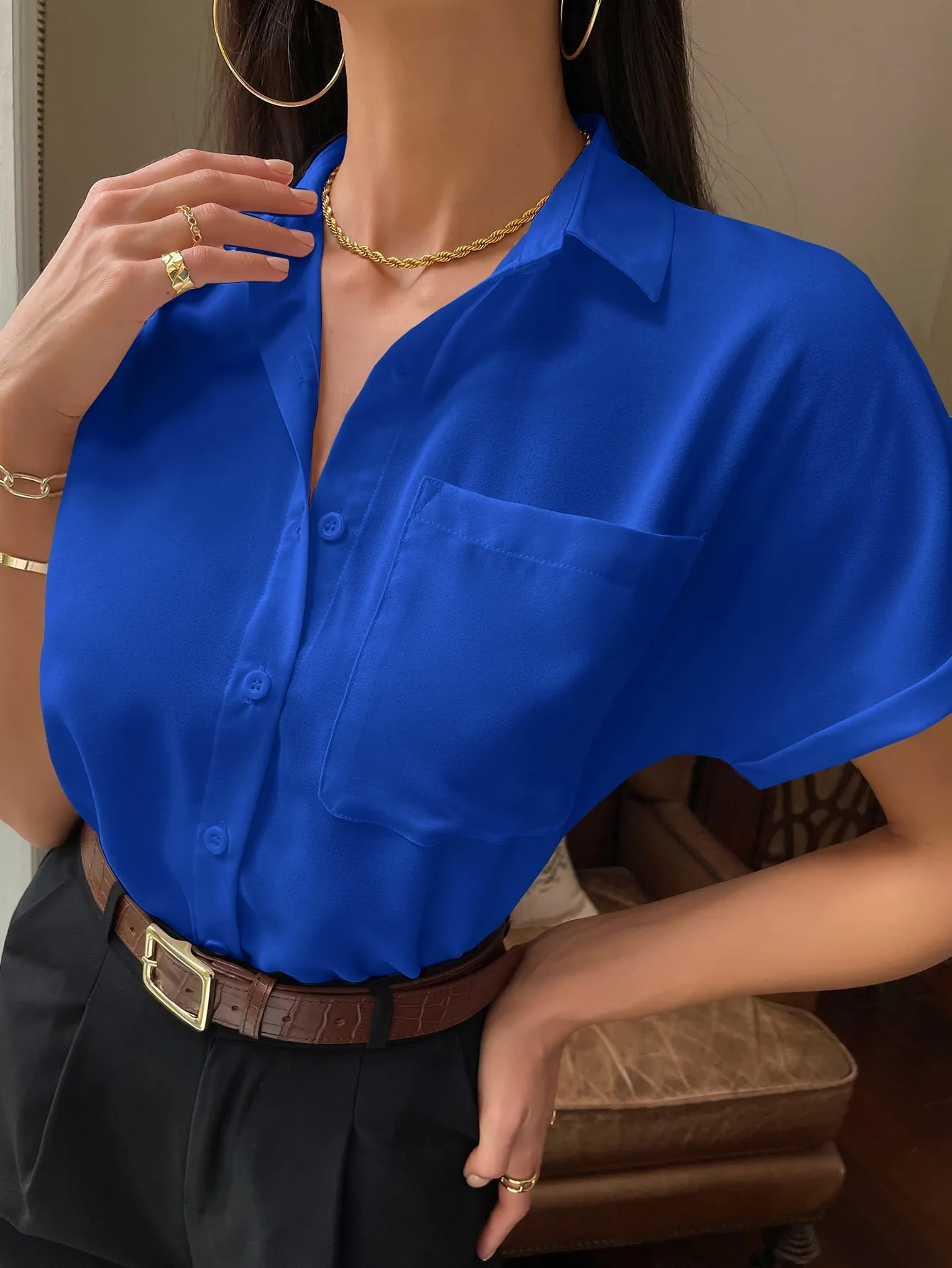 Solid Button Up Pocket Patched Blouse