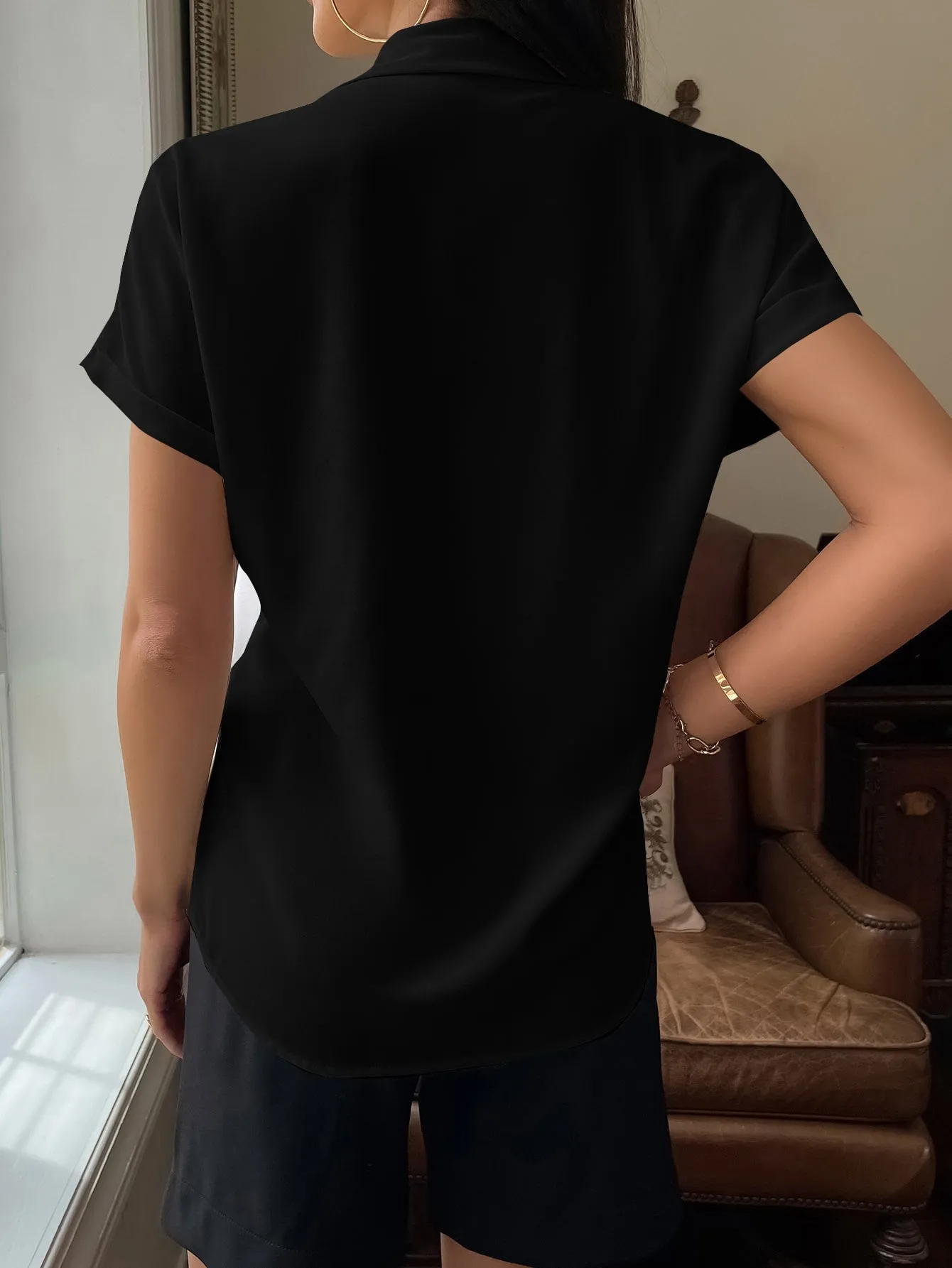 Solid Button Up Pocket Patched Blouse