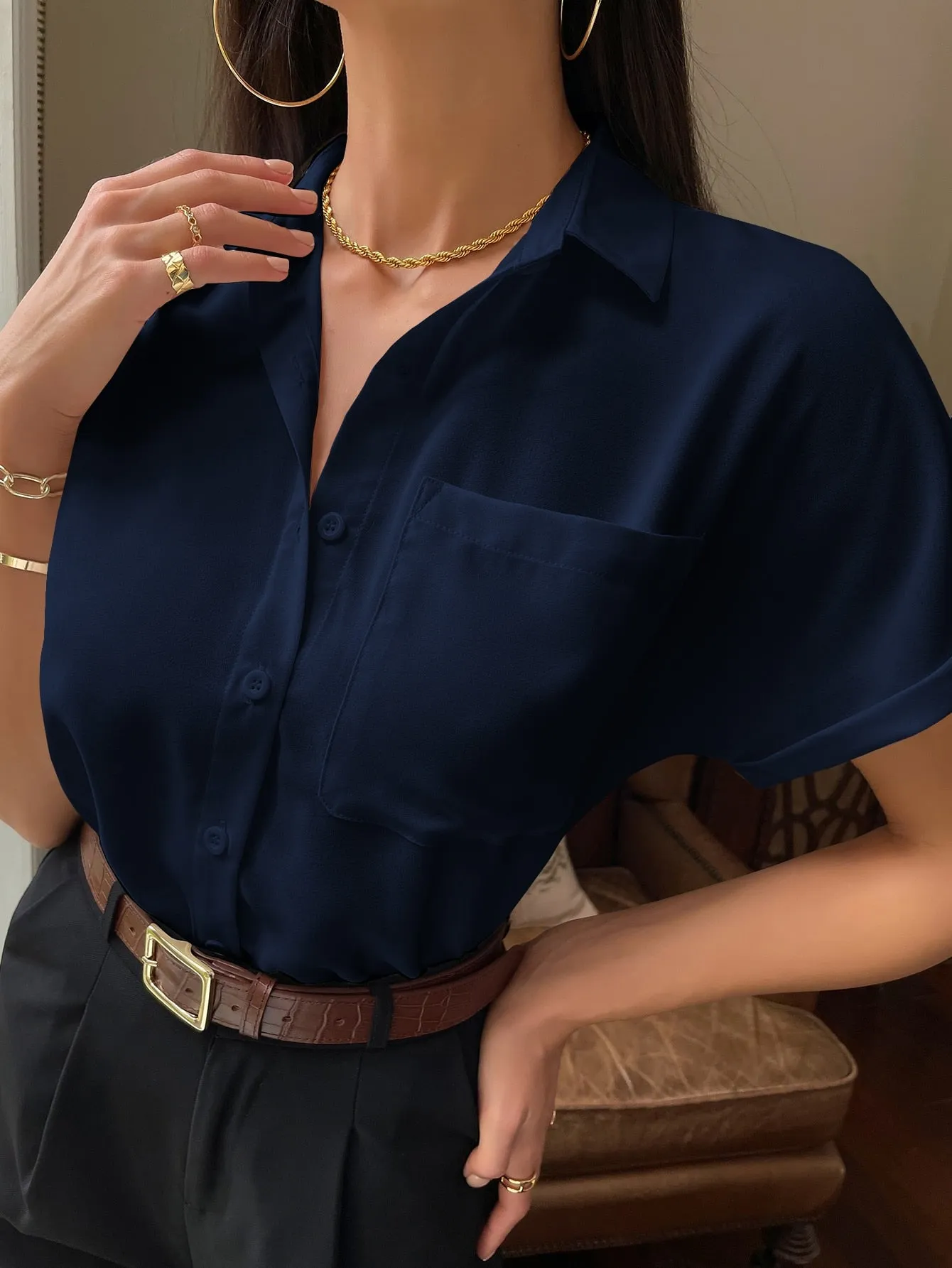 Solid Button Up Pocket Patched Blouse