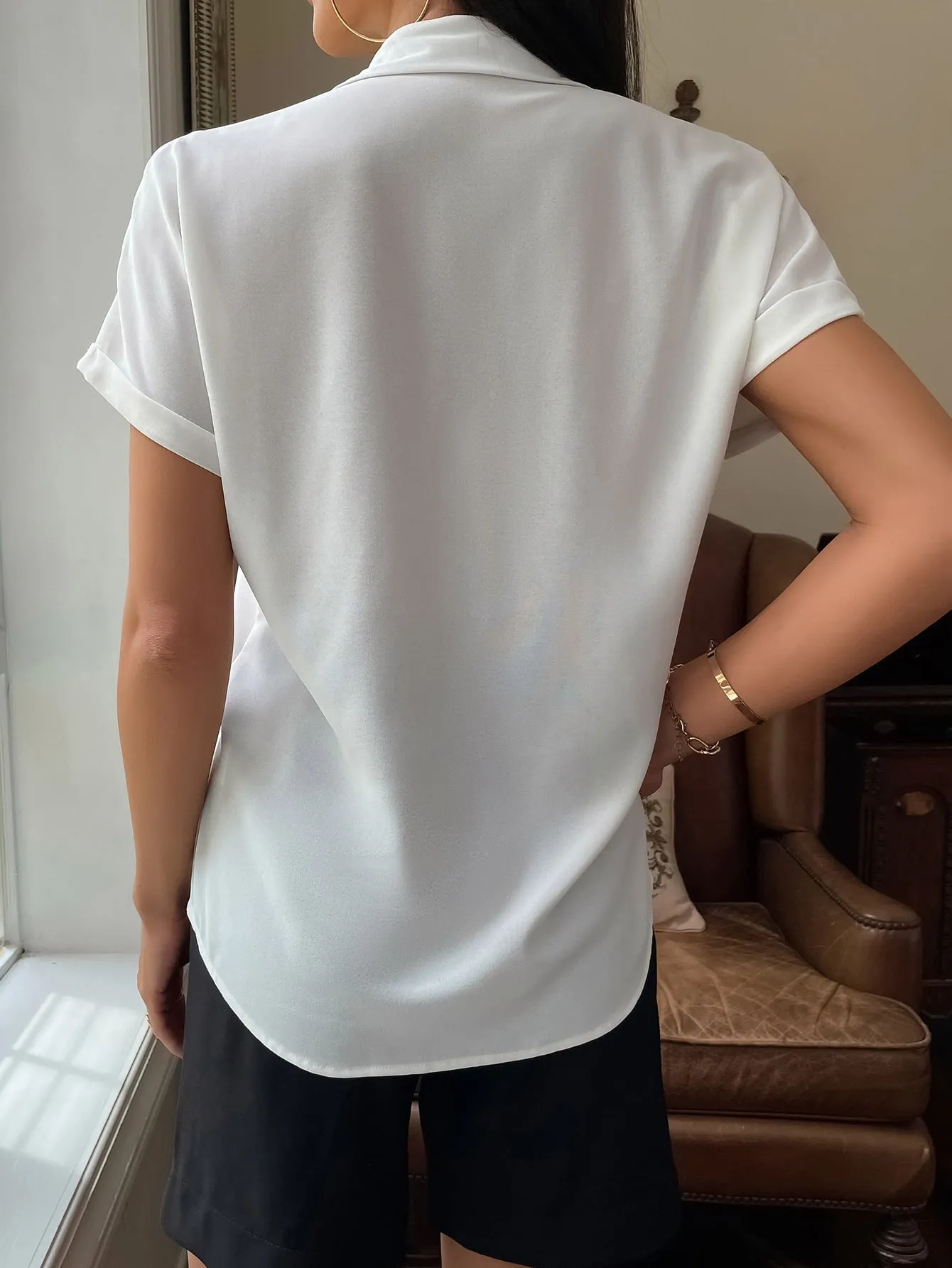Solid Button Up Pocket Patched Blouse